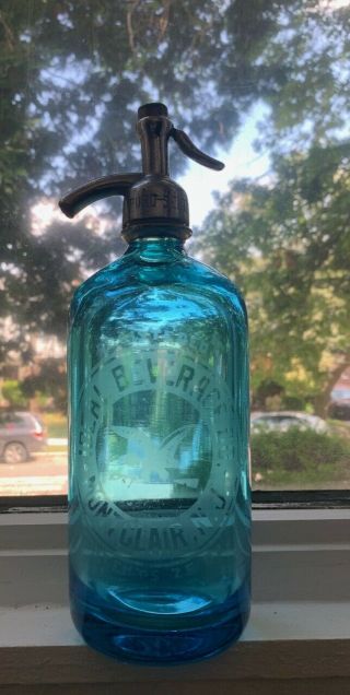 Ideal Bev.  Blue Antique Vintage Seltzer Bottle Eagle Etching
