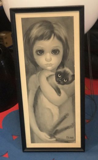 Vintage Margaret Keane " My Kitty " Siamese Cat Big Eyes Framed Print 8 X 22