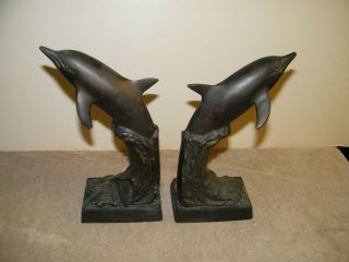 Vtg Brass Dolphins W/ Bronze Finish Bookends Figurines Statues Dancing In Waves