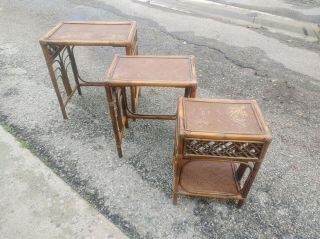 Vintage Bamboo & Rattan Nesting Tables (set Of 3) Stacking Tiki Boho Chic