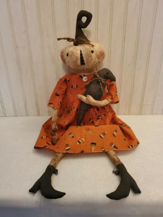 Primitive Grungy Black Pumpkin Lady Halloween Doll & Her Crow