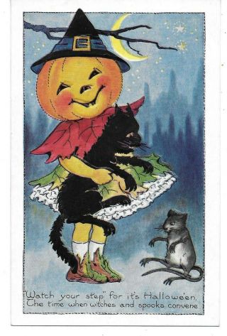 Wow,  Colorful Embossed Vintage Halloween Postcard,  Pumpkin Head Girl,  Black Cat,  Rat