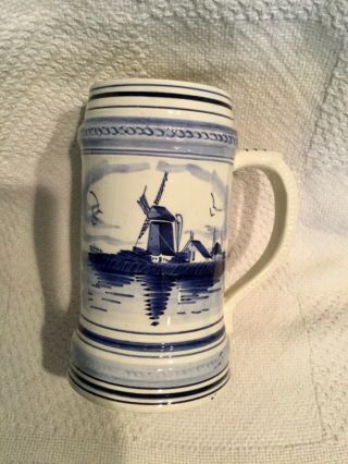 Vintage Delft Blue Tankard Mug Stein Windmill Hand Painted Holland 6.  25” Vguc