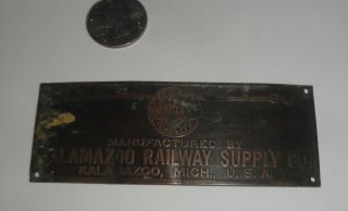 Vintage Kalamazoo Railway Supply 4 " X 1.  5 " Brass Vehicle Tag Plaque