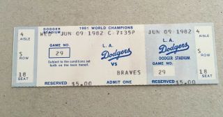 Rick Mahler Win 14 June 9 1982 6/9/82 Dodgers Atlanta Braves Full Ticket