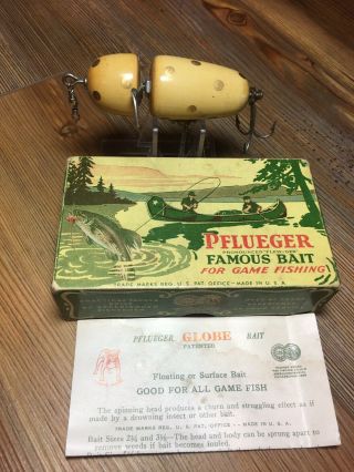 Vintage Fishing Lure Pflueger Globe Rotory Head W/box Old Wood Bait 3770