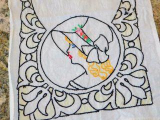 Vintage 1920s Tinted Embroidered Table Runner Dresser Scarf Art Deco Gal In Hat