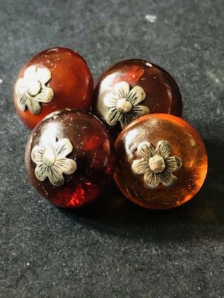 Antique Early Victorian Natural Amber Buttons With Silver Decorations Rare