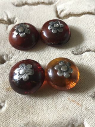 ANTIQUE EARLY VICTORIAN NATURAL AMBER BUTTONS WITH SILVER DECORATIONS RARE 2