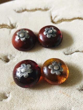 ANTIQUE EARLY VICTORIAN NATURAL AMBER BUTTONS WITH SILVER DECORATIONS RARE 3