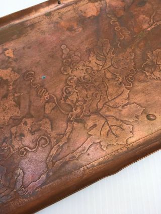 Antique Unique Solid Copper Serving / Breakfast Tray W/ Grape Motif 17x9” 2