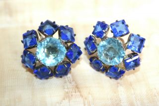 Antique Sterling Silver Vermiel Art Deco Aqua Blue Czech Glass Earrings E1