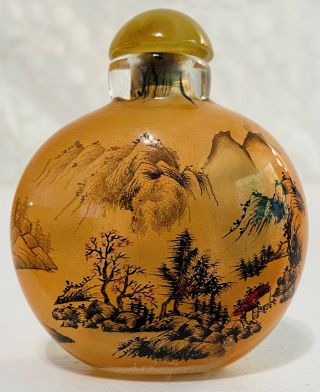 Vtg Chinese Snuff Bottle Reverse Glass Painted Jade Top Mountain Scene Orange