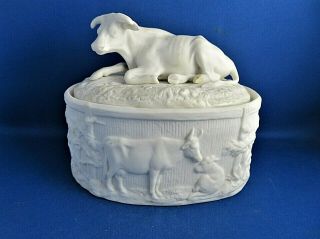 Antique 19th Parian Figure Butter Dish Cow Finial C1860 - Copeland