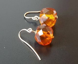 Vintage Antique 9ct Gold Faceted Natural Amber Drop Earrings