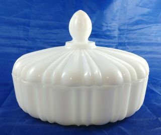Vintage Milk Glass Covered Round Candy Dish With Lid Finial Lined Ribbed