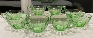 Vintage Anchor Hocking Block Optic Green Coffee/tea Cups Glasses Set Of 8