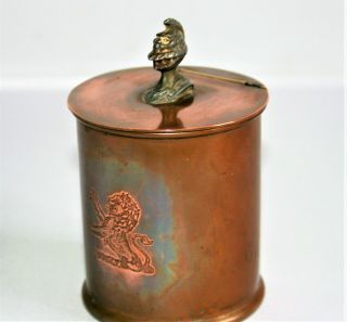 Antique Victorian Copper Tea Caddy Or Tobacco Jar Lion Head Crest & Knight Head