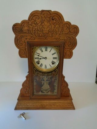 Antique Oak Waterbury Kitchen Clock With Key