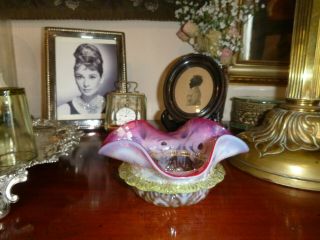 Antique Victorian Cranberry Pearline Vaseline Glass Dish Bowl Uranium Frill