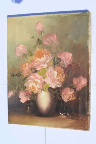 Vintage French Oil Painting On Canvas Still Life Flowers In Vase Signed