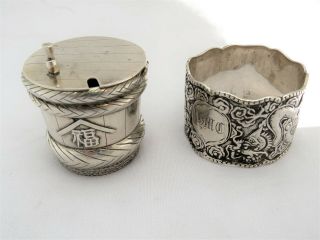 Vintage Chinese Silver Mustard Pot And Napkin Ring
