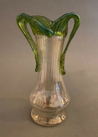 Antique Loetz Bohemian Art Glass Vase Fluted Clear Green Leafy Rim Handles 8 "