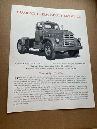 Diamond T Heavy Duty Truck Model 920 Specifications Sheet Brochure Vintage Semi