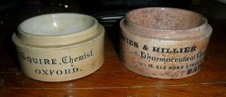 2 Antique Printed Ceramic Chemist Pots - Squire Oxford & Hillier Bath,  Both Gc