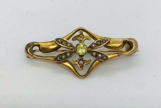 Antique 9ct Yellow Gold 3 1/2 Cm Long Peridot & Seed Pearl Brooch 2.  08 Grams