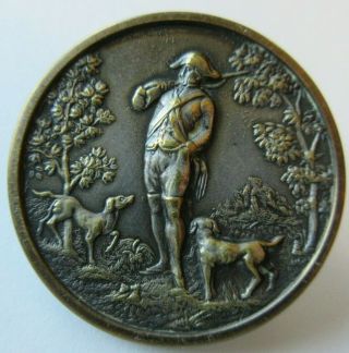 Exceptional Xl Antique Paris Back Metal Picture Button Colonial Hunter Dogs (h)