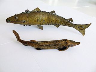 Vintage Brass Articulated Fish Spice Or Snuff Holder And Romanoff Sturgeon Fish