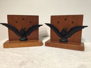 Vintage Set Of 2 Wood Bookends With Metal Eagle