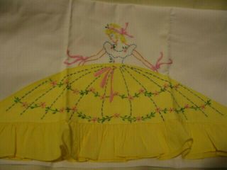 Vintage Pair Embroidered Southern Belle Pillowcases Ruffled Yellow Dress 29x20.  5