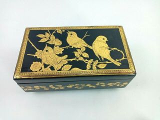 Vintage Black Lacquer Jewelry Trinket Box Bird Design In Gold Tone