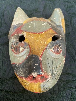 Antique Vtg Hand Carved Wood Calico Cat Mask Feline