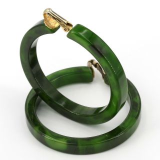 Big Vintage Marbled Green Bakelite 1 - 7/8 " Hoop Clip Earrings 1/4 " Width
