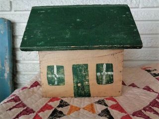 Best Little Vintage Folk Art Wooden House/cottage W/old Yellow & Green Paint