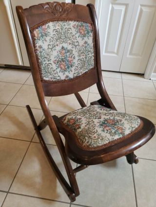 Vintage Folding Victorian Style Wood Rocking Chair Floral Tapestry Seat Rocker