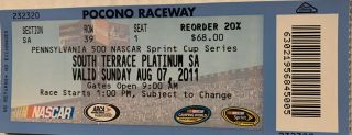 Nascar Pennsylvania 500 Pocono Raceway Full Ticket 8/7/11