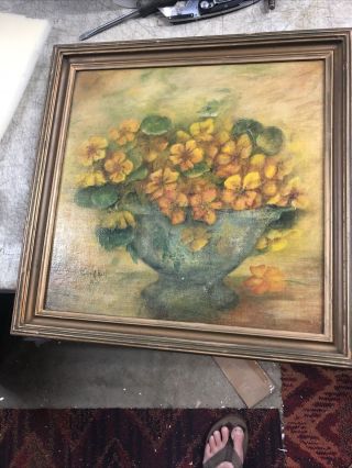 Vintage 1936 Signed Rose M Hall Still Life Flowers Oil Painting On Canvas Board