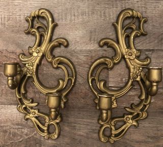 Gorgeous Pair Ornate Vintage Chippy Gold Double Arm Metal Wall Candle Sconces
