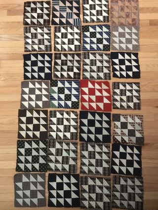 28 Fox And Geese Quilt Blocks Vintage 1910 Hand Pieced Shirting Fabrics 9” Block