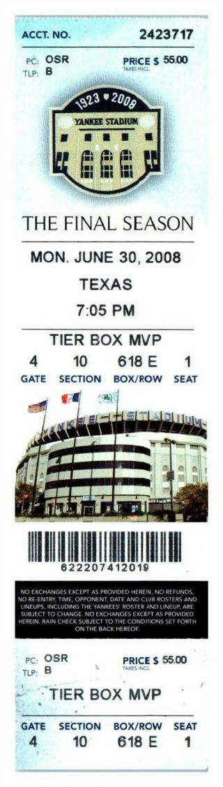 2008 York Yankees Texas Rangers 6/30 Ticket Alex Rodriguez Hr St1t