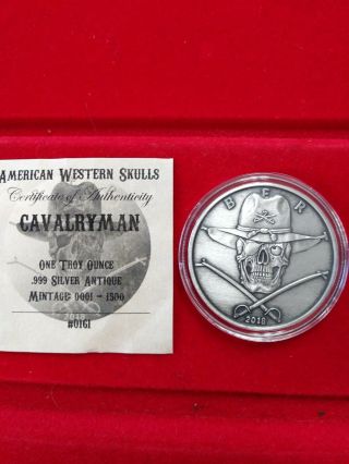 2018 American Western Skulls - 1 Oz.  Cavalryman Antiqued Silver Round