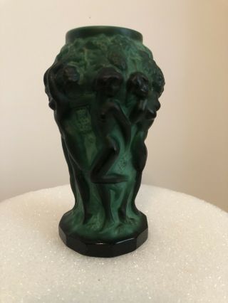 Antique Bohemian Czech Art Deco Nude Females & Grapes Malachite Jade Vase