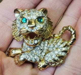 Vintage Gold & Rhinestone Emerald Eyes Tiger Brooch Pin
