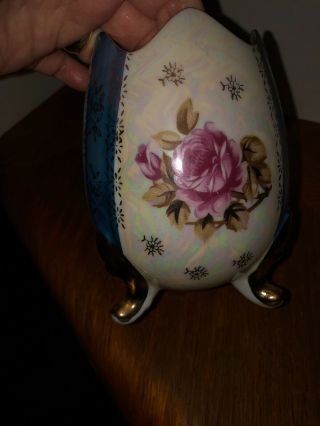 Vintage Large 5” Porcelain Footed Egg Planter Vase Roses Figurine Lustreware