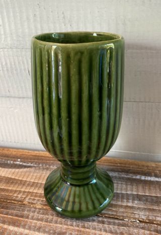 Vintage Mid Century Ribbed Green Glazed Ceramic Vase 7.  5 " Tall