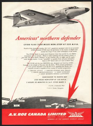 1954 Canadian Paper Ad A.  V.  Roe Arvo Arrow Company Cf100 Northern Defender